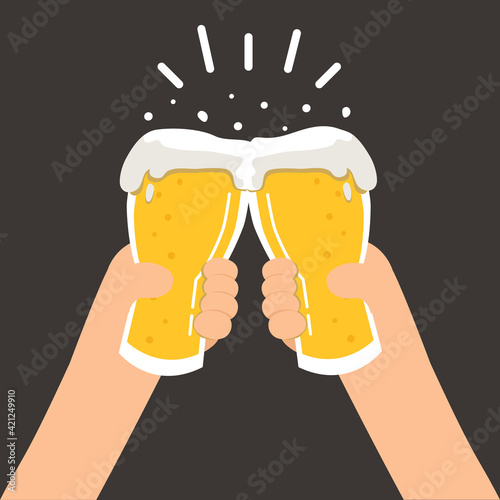 Hands with beer mugs, lager beer in a glass.