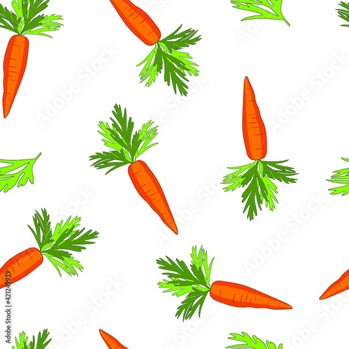Carrot. Seamless pattern with orange vegetables for printing on fabric, textiles, kitchen decor. Flat design. Vector graphics.