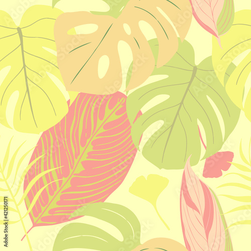 Seamless pattern with exotic leaves in summer juicy colors