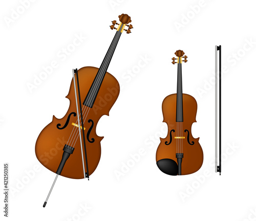 Cello  violin  old technology  realistic retro design Musical instruments set