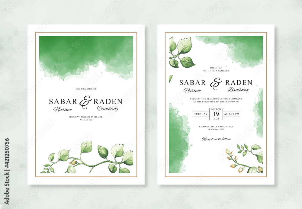 Minimalist wedding invitation template with watercolor splash and leaves