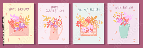 Cute set of greeting cards. Envelope, jug and vase with bouquet of spring flowers.