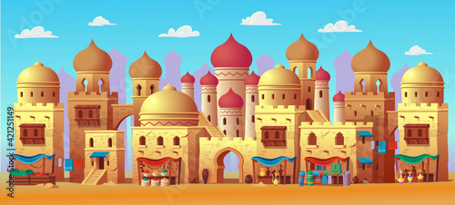 Panorama of ancient arab city with houses and the Arab market. Vector illustration in cartoon style.