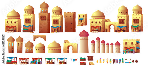 Panorama of ancient arab city with houses and the Arab market. Vector illustration in cartoon style.