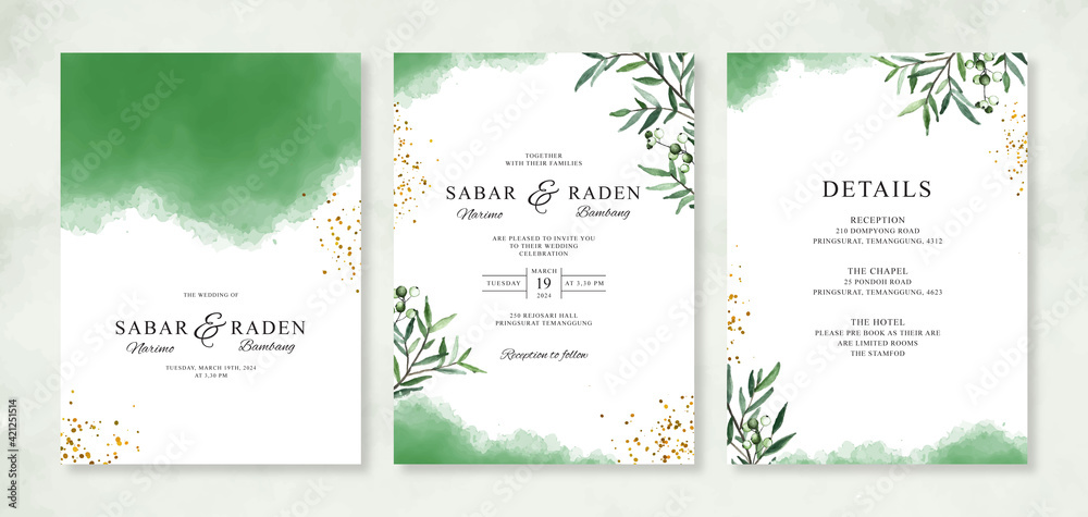 Wedding card invitation set template with watercolor splash and foliage Wedding card invitation set template with watercolor splash and foliage