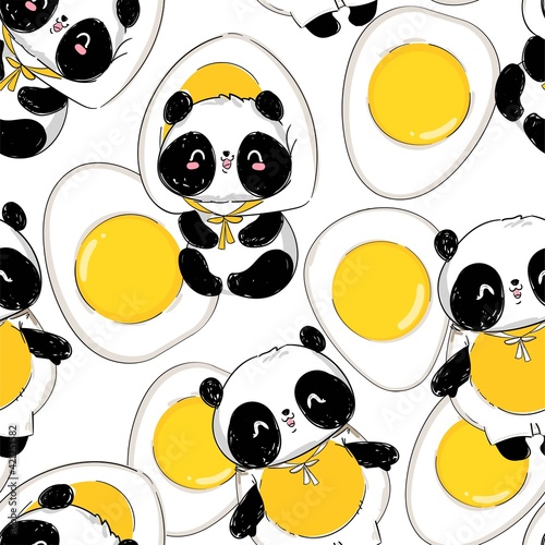 Hand drawn cute panda wearing egg costume vector illustration