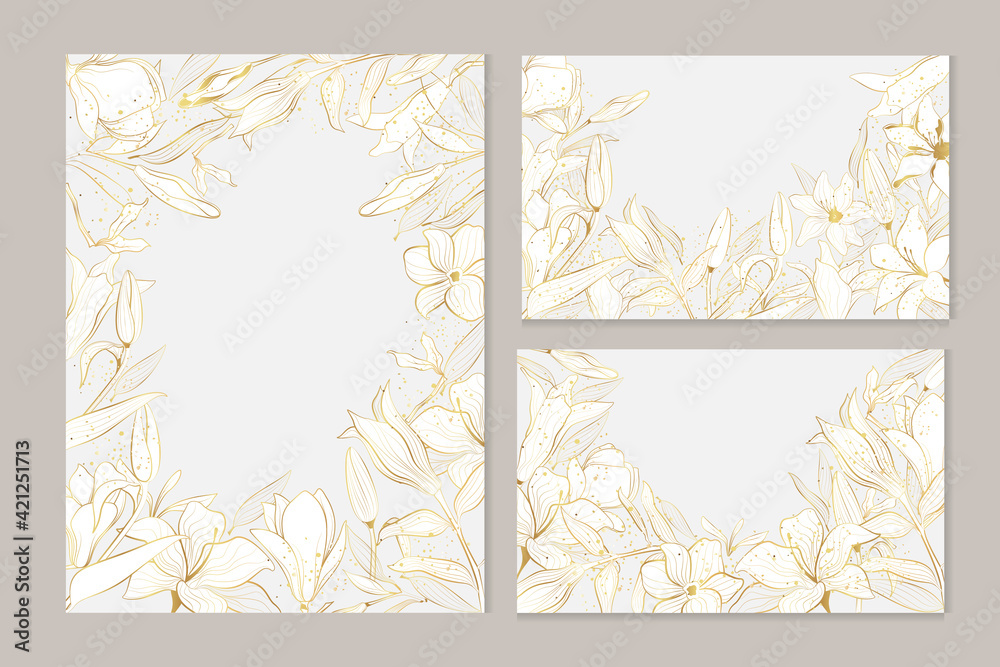 Set of vector greeting cards with lily and magnolia flowers in line art style with place for text. Golden plants.