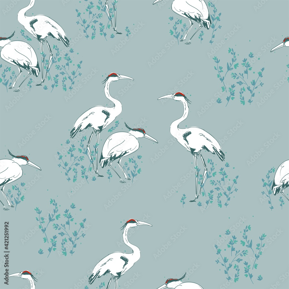 Fototapeta Crane Bird hand drawn background seamless pattern Heron sketch vector print textile