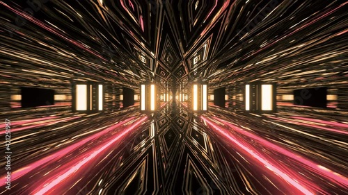 Loop Tunnel motion into a red and golden scifi brick corridor, reflecting surface photo