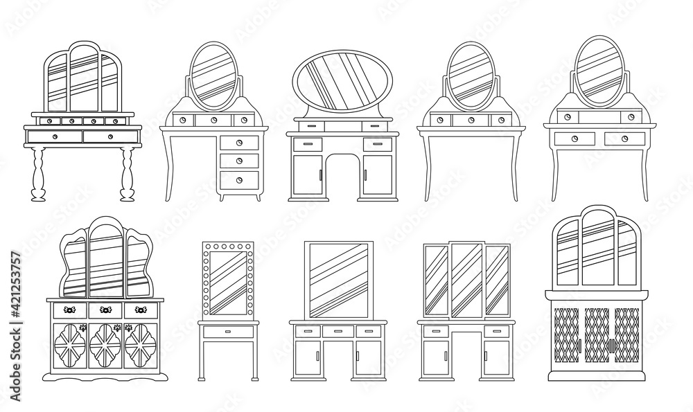set of cute vintage dressing tables. Collection of antique bedroom furniture.convenient place to store cosmetics and jewelry. Vector  in a sketch style are isolated on a white background