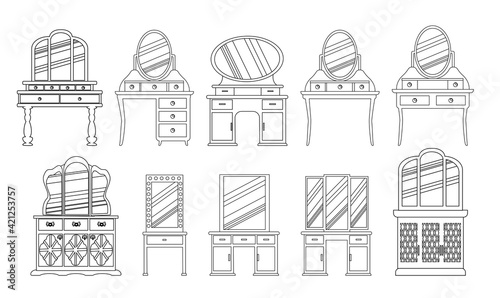 set of cute vintage dressing tables. Collection of antique bedroom furniture.convenient place to store cosmetics and jewelry. Vector  in a sketch style are isolated on a white background