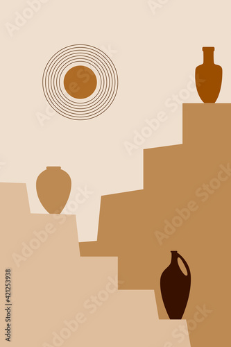 Vector abstract creative backgrounds in minimal trendy boho style elements of window, vase and flowers tropical leaf. Mid century modern minimalist art print.