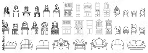 set of elegant antique dressing tables, sofas, armchairs, banquettes, cabinets made in the style of a sketch. Isolated on a white background. Vector icons  collection of vintage furniture.