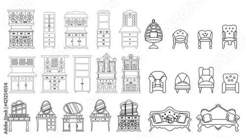 set of elegant antique dressing tables, sofas, armchairs, banquettes, cabinets made in the style of a sketch. Isolated on a white background. Vector icons collection of vintage furniture.