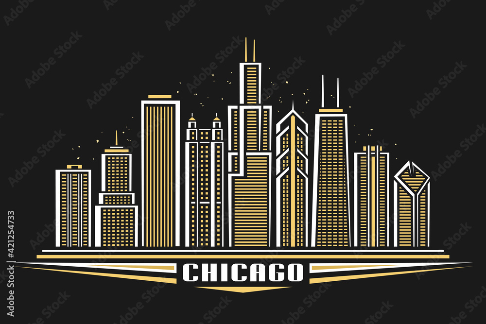 Vector illustration of Chicago City, horizontal poster with line art design illuminated chicago city scape, panoramic contemporary concept with decorative font for word chicago on dark background.