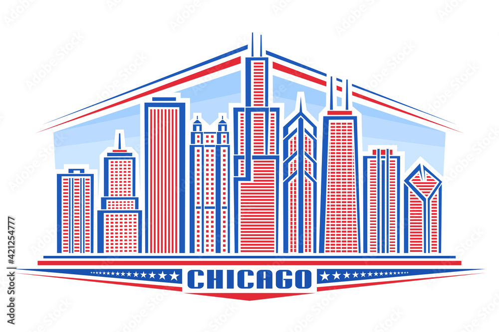 Vector illustration of Chicago City, horizontal poster with line art design chicago city scape on day background, modern panoramic concept with unique font for word chicago and decorative stars in row