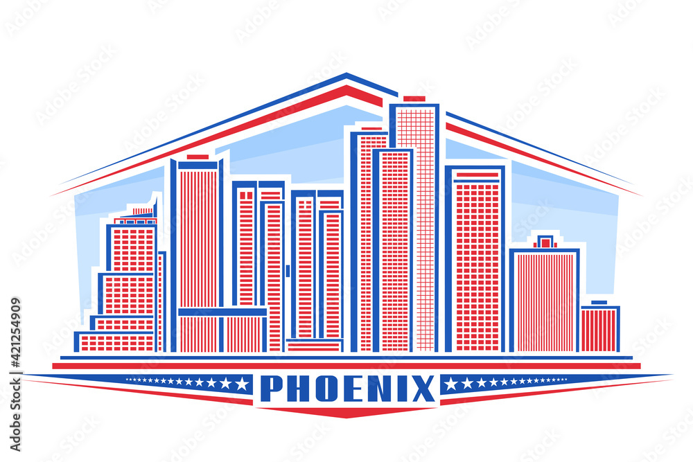 Vector illustration of Phoenix City, horizontal poster with line art design phoenix city scape on day background, urban panoramic concept with unique font for word phoenix and decorative stars in row.