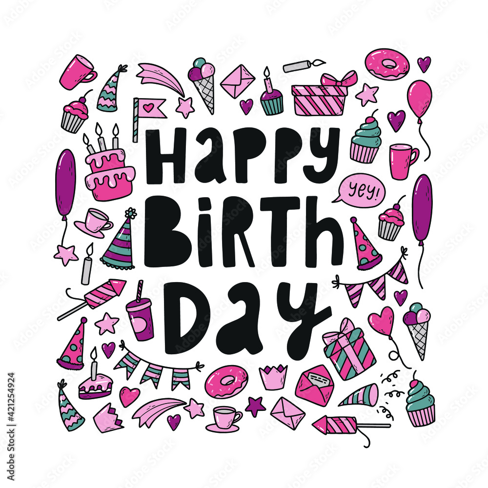 cute hand lettering quote 'Happy Birthday' decorated with isolatted doodles on white background for posters, prints, cards, banners, stickers, invitations, etc. EPS 10 cute hand lettering quote 'Happy Birthday' decorated with isolatted doodles on white background for posters, prints, cards, banners, stickers, invitations, etc. EPS 10