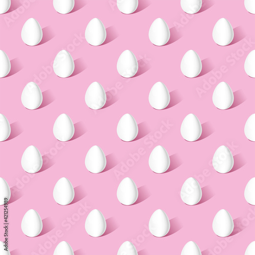 White Easter eggs at an isometric projection on  pink background. Seamless pattern.  Texture for fabric, wrapping, wallpaper. Decorative print. Vector illustration 