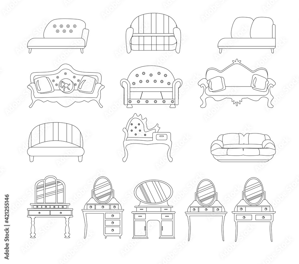Set of elegant vintage dressing tables and sofas made in sketch style. Isolated on a white background. Vector icons are drawn by a retro collection of vintage furniture