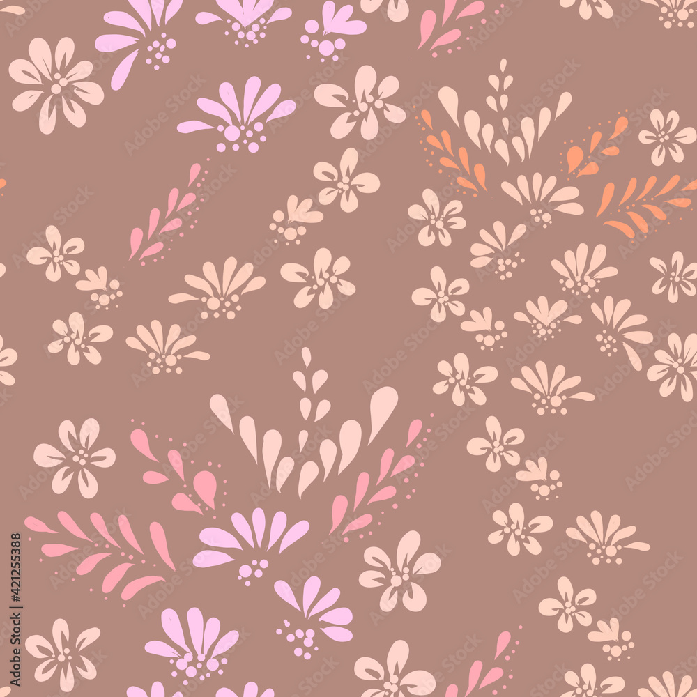 Seamless simple floral pattern in pink on dark pink background 