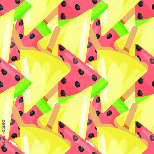 Bright summer seamless pattern. Background with tropical fruits. Fruit mix design for fabric and decor. Juicy tropical mix with pineapple and watermelon. Bright background with fruit popsicle