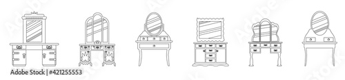 Set of elegant antique  dressing tables, made in the style of a sketch. Isolated on a white background. Vector drawn  icons. Retro Collection of vintage furniture.