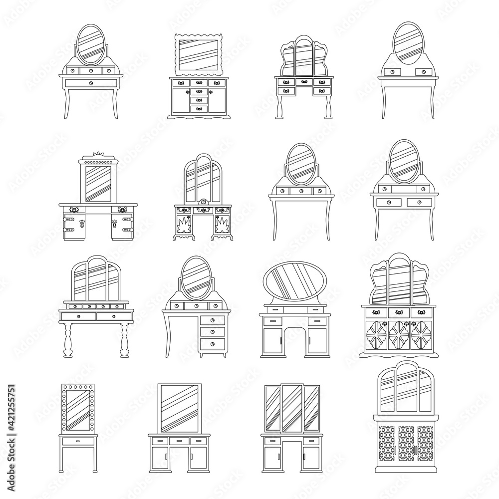 Set of elegant antique  dressing tables, made in the style of a sketch. Isolated on a white background. Vector drawn  icons. Retro Collection of vintage furniture.
