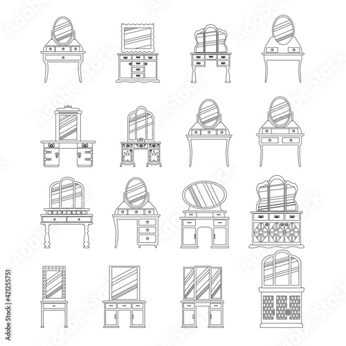 Set of elegant antique  dressing tables, made in the style of a sketch. Isolated on a white background. Vector drawn  icons. Retro Collection of vintage furniture.
