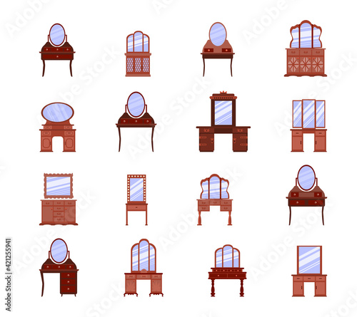  set of cute vintage dressing tables. Collection of antique bedroom furniture.  Convenient place for makeup and jewelry storage. Vector icons in a flat style are isolated on a white background.