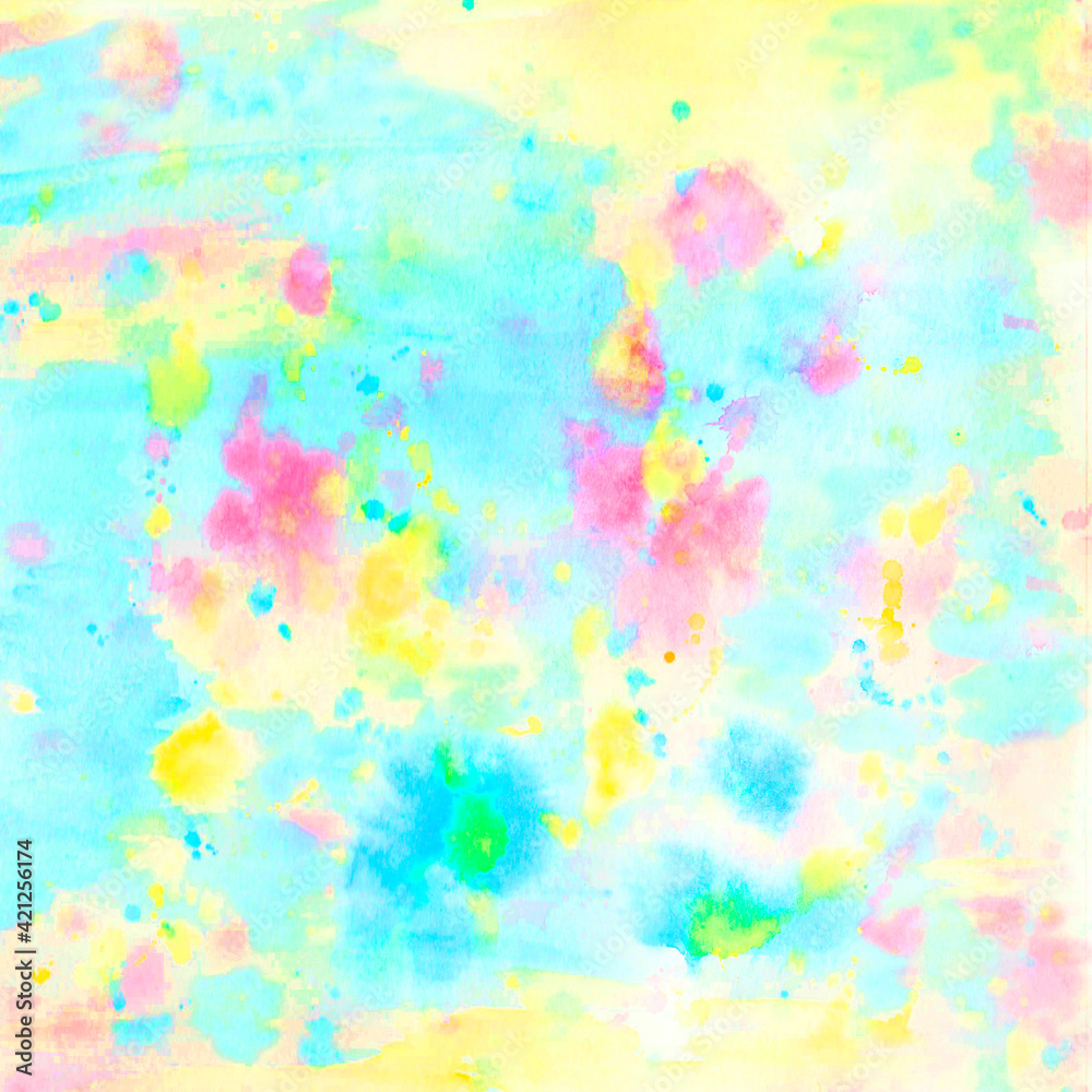 Yellow and blue watercolor background with pink spots and drops for sign, banner or cover
