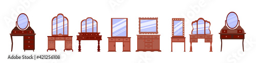  set of cute vintage dressing tables. Collection of antique bedroom furniture.  Convenient place for makeup and jewelry storage. Vector icons in a flat style are isolated on a white background.