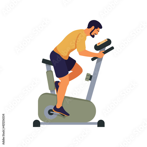 Sporty man on exercise bike, isolated on white background. Sports, Workout at home or in gym. Riding indoors sport exercise bicycle. Cardio fitness training equipment. Side view, vector illustration
