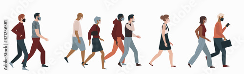 Different people walking wearing face masks isolated on white background. Men and women in respirators. Protection from coronavirus outbreak.