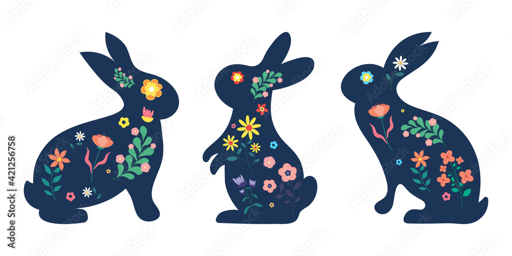 Set easter bunny with flowers.vector illustration.	