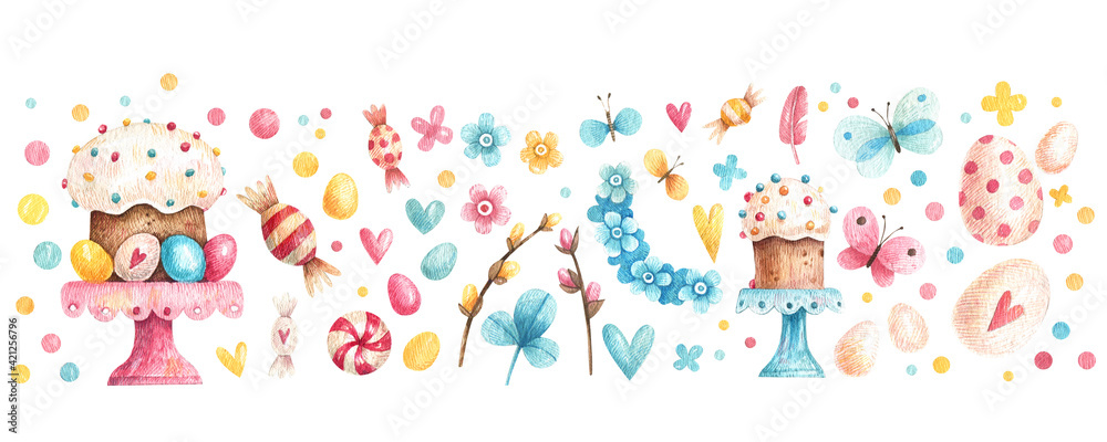 Watercolor set of cute Easter  illustrations. isolated on white background Easter elements: Easter cakes, colored eggs, pussy willow branches, feathers, flowers and candies.. Happy easter.
