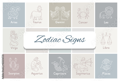 Set of zodiac signs icons. Aries, taurus, gemini,  cancer,  leo, virgo,  libra, scorpio, sagittarius, aquarius, capricorn, pisces. Vector illustration in cartoon line style.