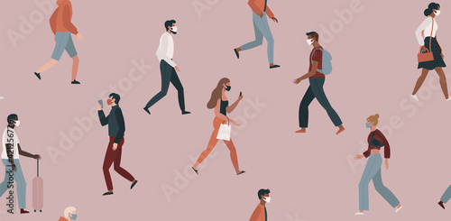 Seamless pattern with people walking wearing face masks isolated on white background. Men and women in respirators. Protection from coronavirus outbreak.