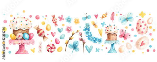 Watercolor set of cute Easter  illustrations. isolated on white background Easter elements: Easter cakes, colored eggs, pussy willow branches, feathers, flowers and candies.. Happy easter.