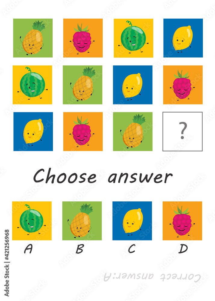Logic game for kids, activity to children, task for the development of logical thinking and mind, cute cartoon fruits