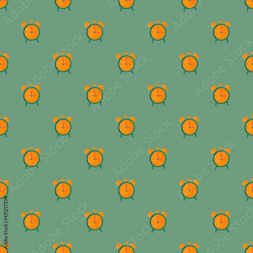 Contrast seamless pattern with bright orange alarm clock ornament. Turquoise background. Decorative print.