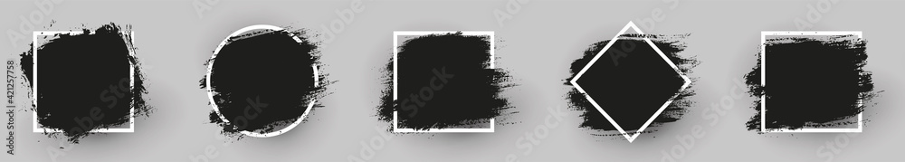 Black grunge backgrounds with white frame. Dirty artistic design elements, frames for text. Paint, ink brush strokes, brushes splashes - stock vector.