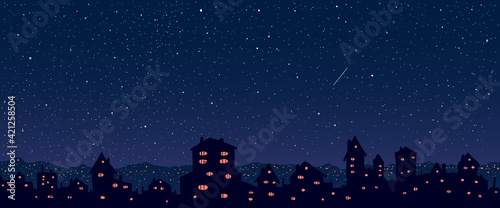Vector cartoon vintage town against stars at night