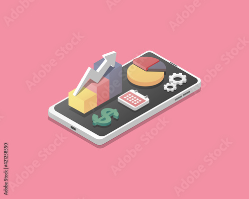 Financial management. Home finance and business concept. Paying taxes. Colored isometric vector illustration. 