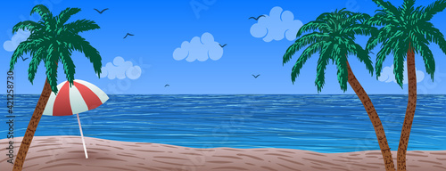 Blue ocean beach, umbrella on sand and palm trees in vector.