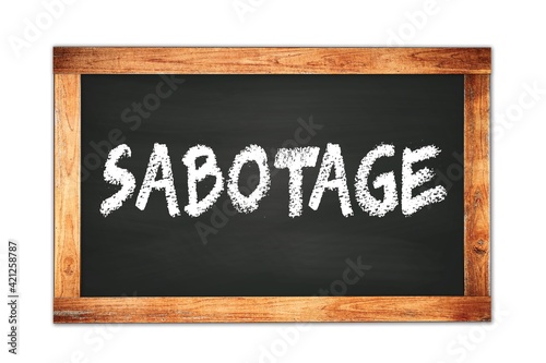 SABOTAGE text written on wooden frame school blackboard.