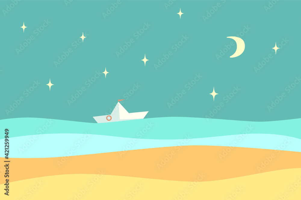 Vector flat illustration : night sea veiw with dark sky, moon, stars, blue sea, small white boat, warm beige sand. Nice design for card, poster, flyer about travel, tourism , adventures.