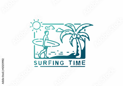 Blue color of surfing line art drawing illustration