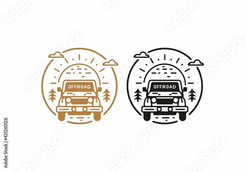 Brown and black color of offroad car in circle line art drawing illustration
