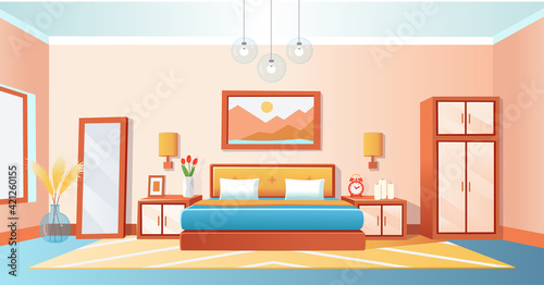Cozy interior bedroom with bed, wardrobe, bedside tables, mirrored, alarm clock, vase, chandeliers. Vector cartoon illustration.